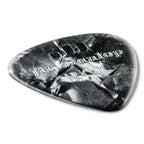 Set of 12 Jim Dunlop Celluloid Black Pearloid Heavy Guitar Picks, showcasing their glossy finish and teardrop shape.