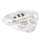 Set of 12 Jim Dunlop White Pearl Thin Guitar Picks with celluloid material, ideal for precise strumming and playing.