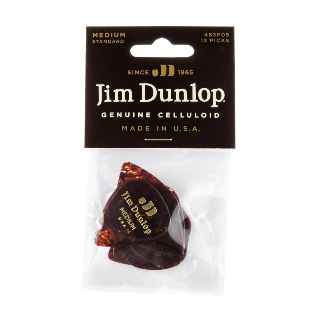 Jim Dunlop JP4M Celluloid Shell Classic Medium guitar picks, 12-pack, with white and black design, ideal for precise strumming.