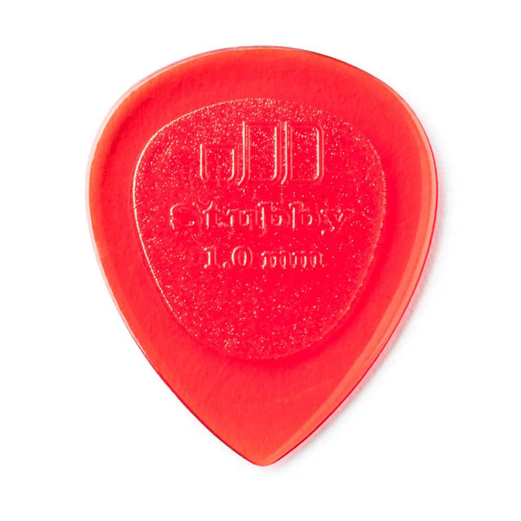Jim Dunlop JP510 1.0 mm stubby guitar picks from the Players Pack, shown in a pack of six, with a focus on the picks' shape and branding.