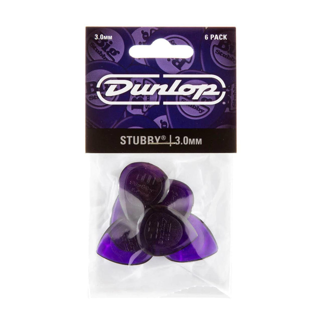 Six Jim Dunlop JP530 3.0 mm stubby guitar picks in a pack, showcasing their durable design and comfortable grip.
