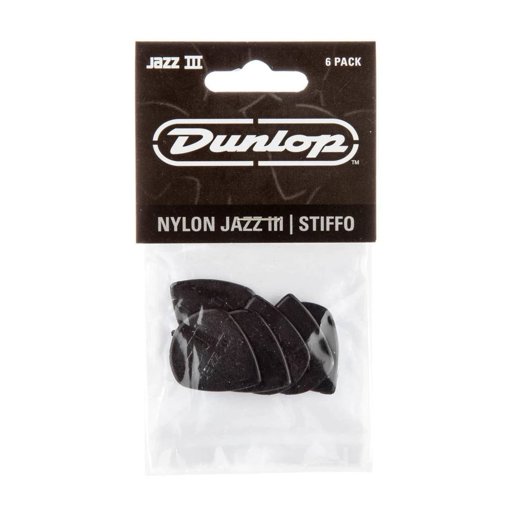 Six Jim Dunlop JP5BS Nylon Jazz III Stiffo guitar picks in a display bag, showcasing the small, durable jazz guitar pick design.
