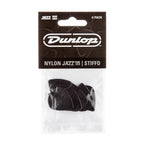 Six Jim Dunlop JP5BS Nylon Jazz III Stiffo guitar picks in a display bag, showcasing the small, durable jazz guitar pick design.