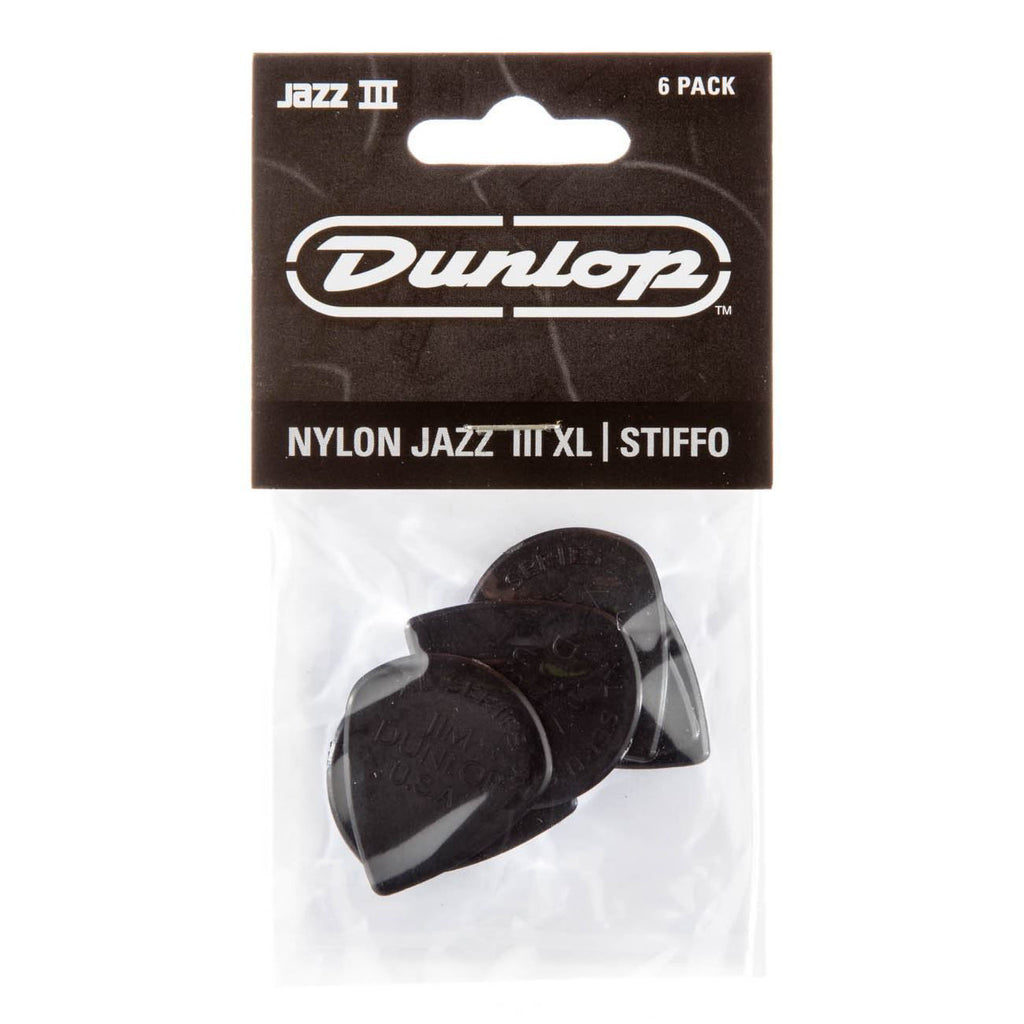 Dunlop Jim Dunlop JP5XLS Nylon Jazz III XL guitar pick pack in black, displayed in a clear plastic bag.