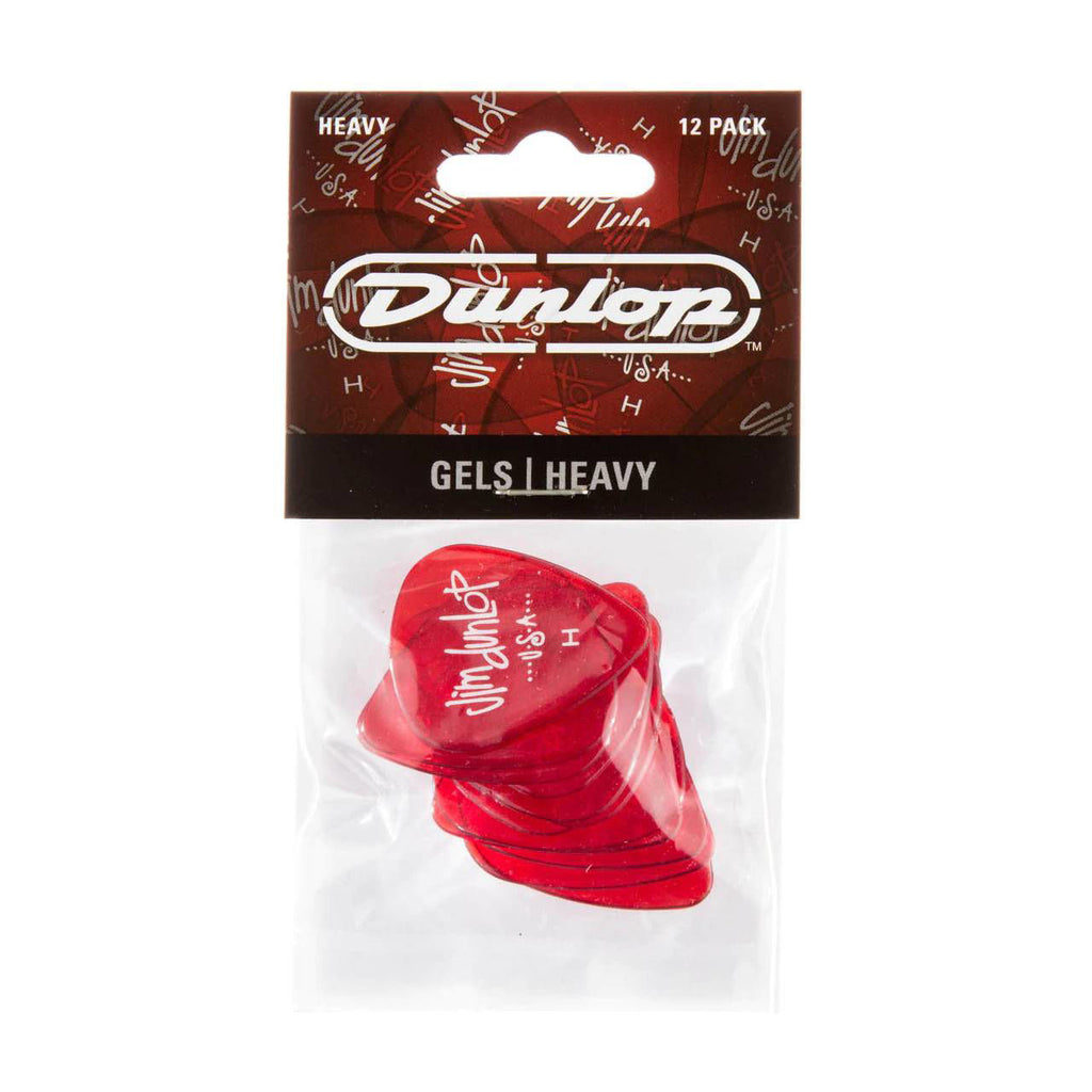 Set of 12 Jim Dunlop JP6H Gels Heavy Players Pack guitar picks, showing translucent yellow picks with textured grip surfaces.