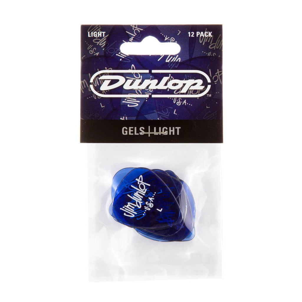 Set of 12 Jim Dunlop JP6L Gels Light guitar picks, black and white, designed for comfortable playing and precise strumming.