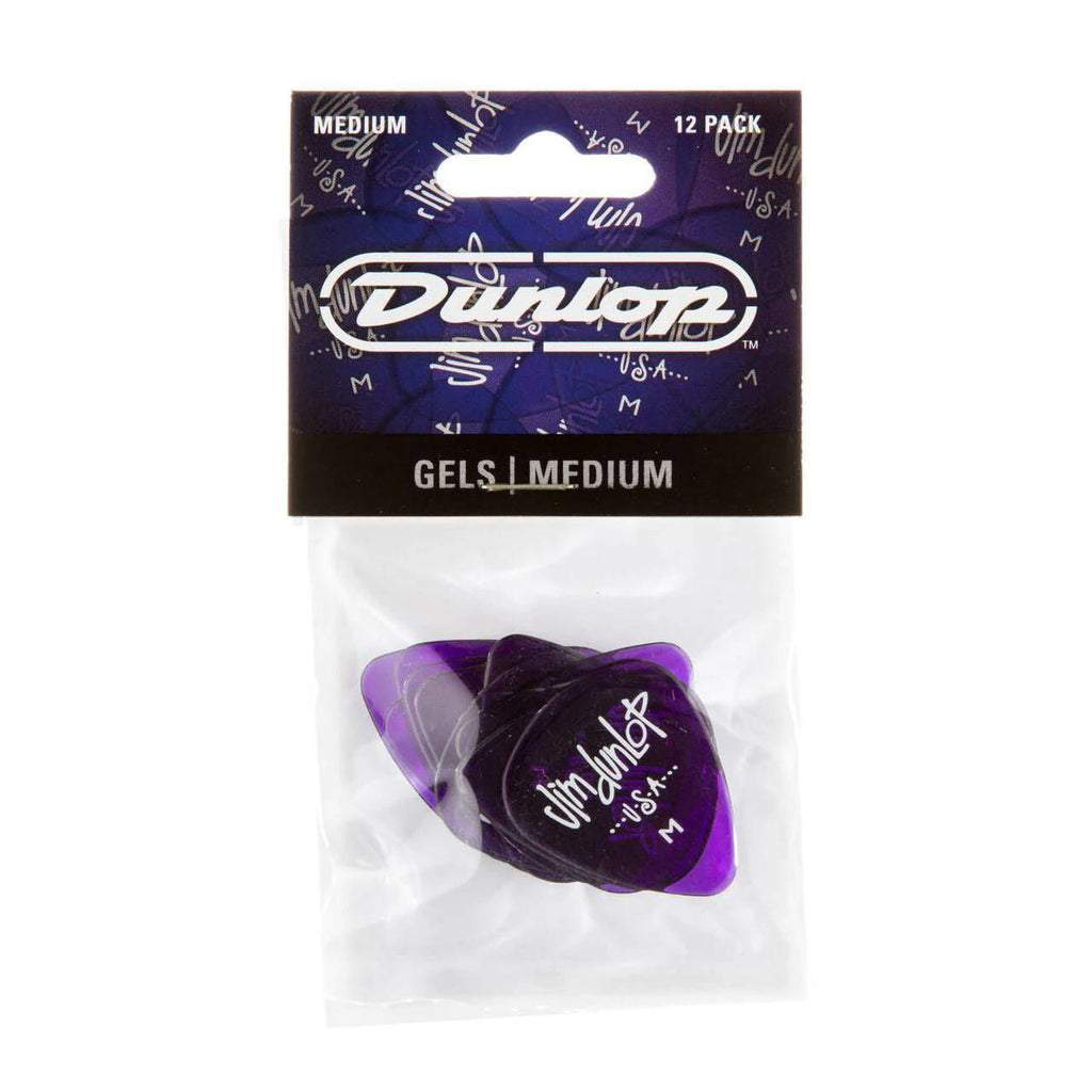 Jim Dunlop JP6M Gels Medium guitar picks in a pack, showing 12 durable Dunlop medium gauge picks for versatile playing.