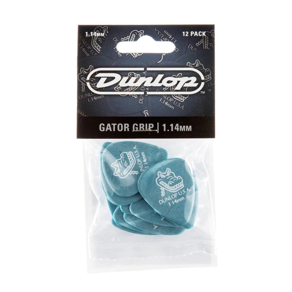 Set of 12 Jim Dunlop Gator Grip JP714 1.14mm guitar picks in a players pack, featuring textured grip for enhanced playability.