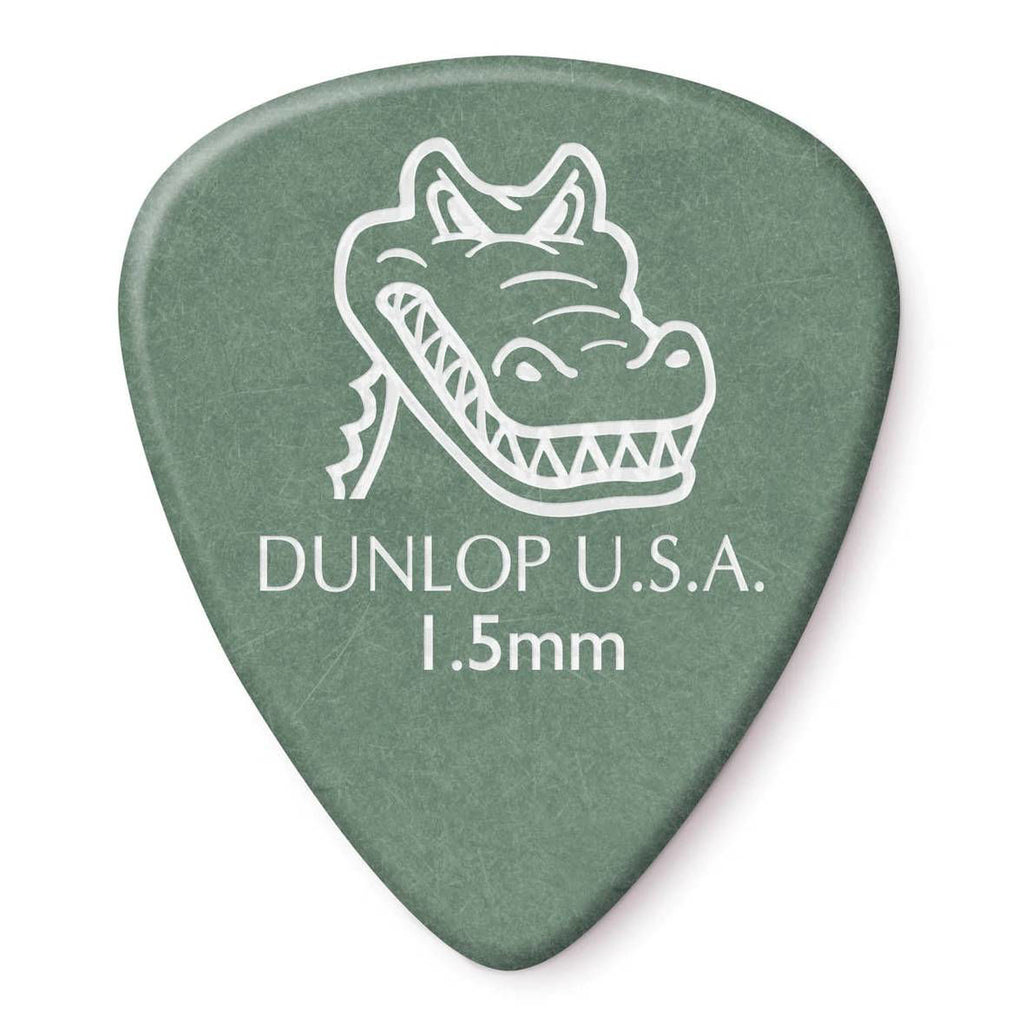 Set of 12 Jim Dunlop Gator Grip guitar picks in 1.5 mm thickness, featuring textured grip for comfortable playing.