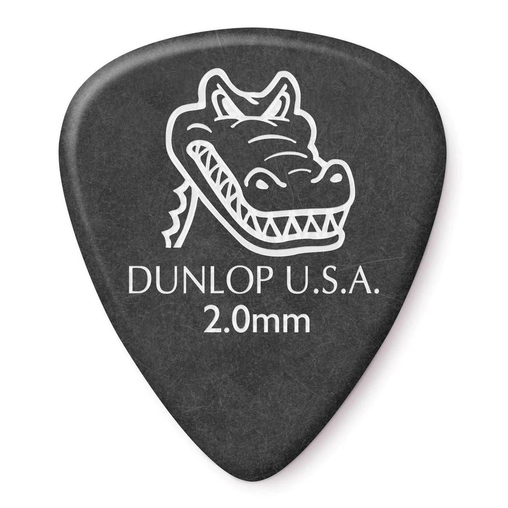 Set of 12 Jim Dunlop Gator Grip guitar picks in 2.0 mm thickness, featuring textured grip surface for comfortable playing.