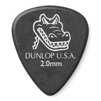 Set of 12 Jim Dunlop Gator Grip guitar picks in 2.0 mm thickness, featuring textured grip surface for comfortable playing.