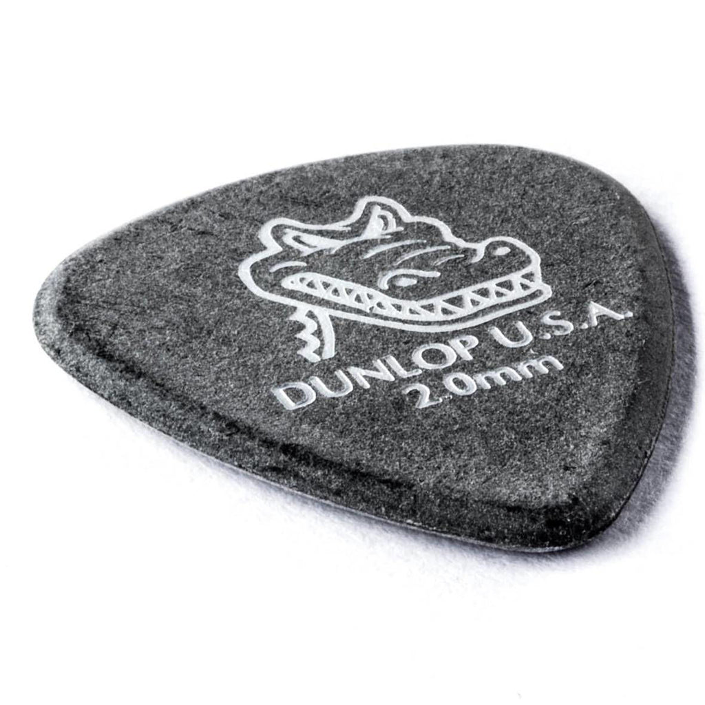 Set of 12 Jim Dunlop Gator Grip guitar picks with 2.0 mm thickness, showcasing the textured grip design for secure playing.