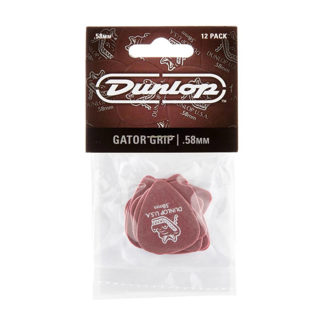 Set of 12 Jim Dunlop JP720 Gator Grip .58mm guitar picks showing the textured surface and brand logo on each pick.