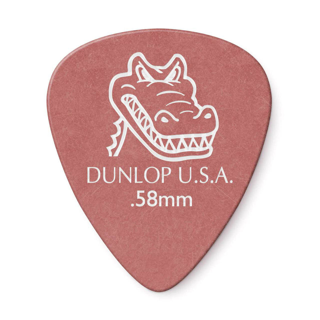 Jim Dunlop JP720 Gator Grip .58mm guitar picks, 12-pack, showing close-up of textured pick surface and multiple picks fanned out.