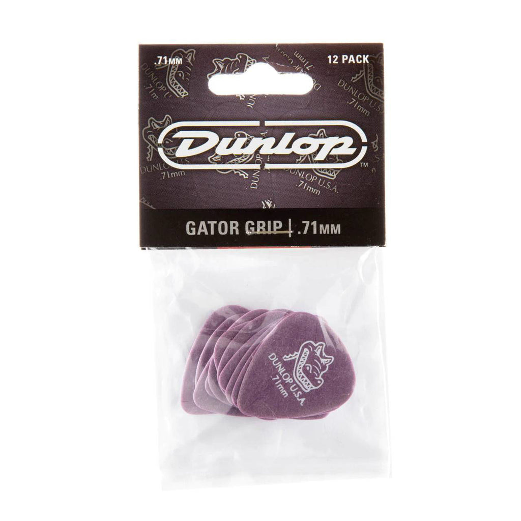 Set of 12 Jim Dunlop Gator Grip JP771 .71mm guitar picks in a players pack, showcasing textured grip and standard shape.