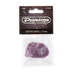Set of 12 Jim Dunlop Gator Grip JP771 .71mm guitar picks in a players pack, showcasing textured grip and standard shape.