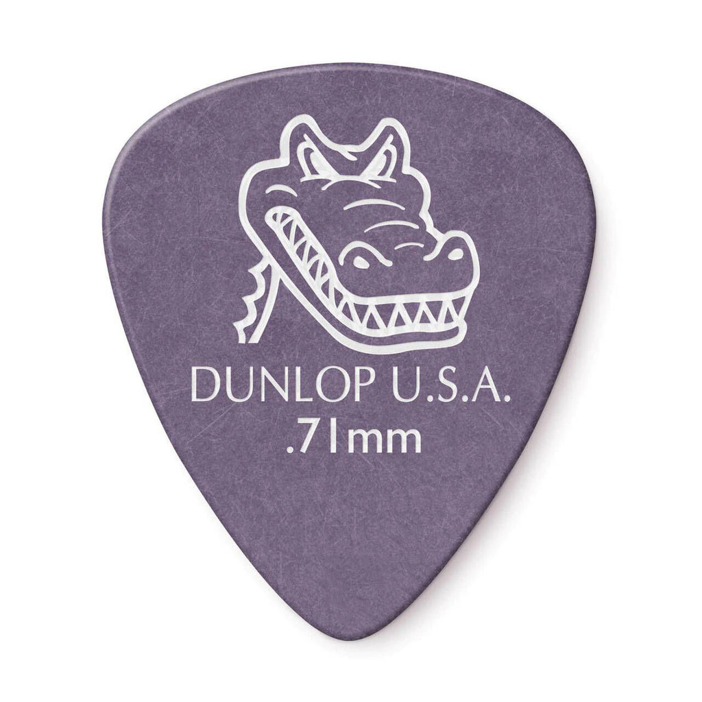 Set of 12 Jim Dunlop Gator Grip JP771 .71mm guitar picks, durable and textured for precise play and comfortable grip.