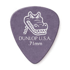 Set of 12 Jim Dunlop Gator Grip JP771 .71mm guitar picks, durable and textured for precise play and comfortable grip.