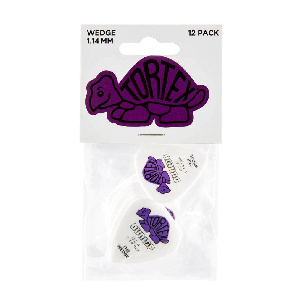 Jim Dunlop 1.14mm wedge guitar pick pack with 12 Dunlop picks, showing the textured surface and classic shape for electric guitar playing.