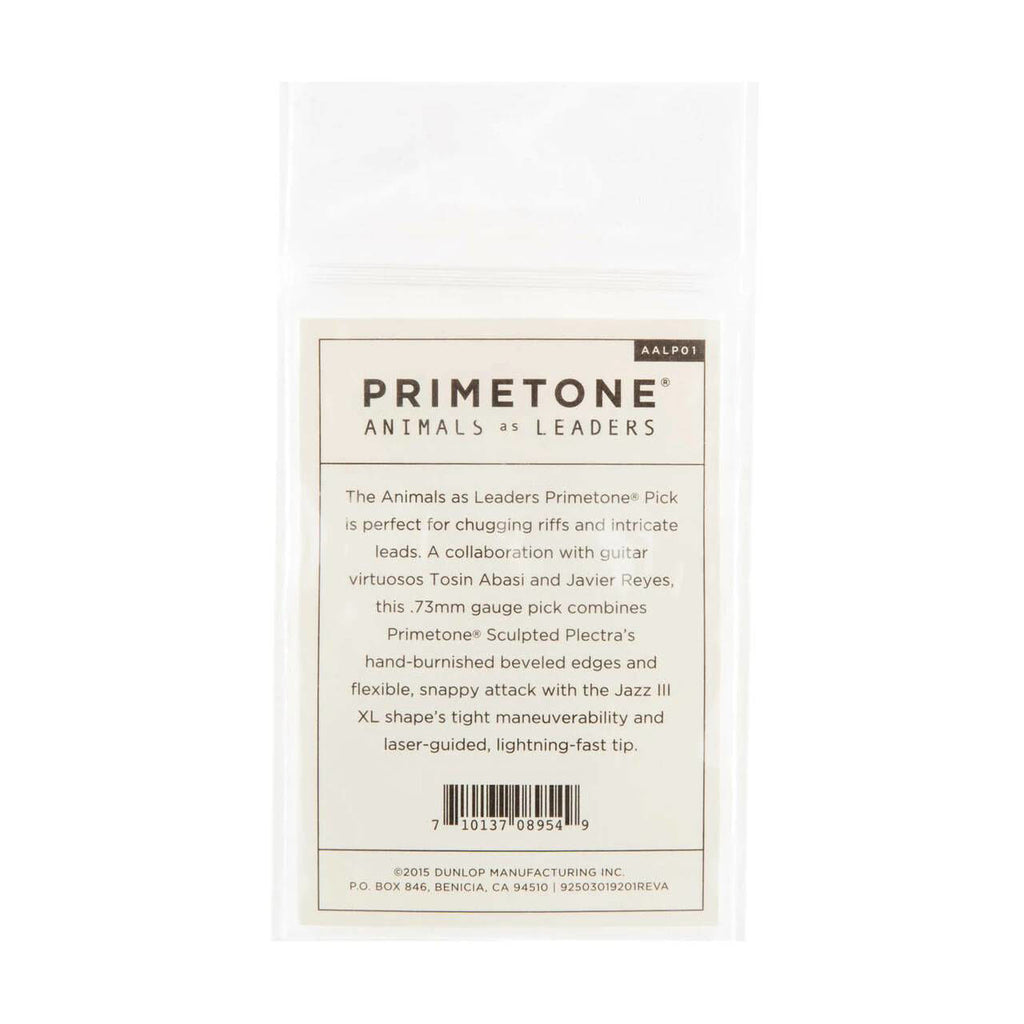 Set of three Jim Dunlop Animal As Leaders Primetone guitar picks, 0.73mm thickness, displayed in a plastic bag.