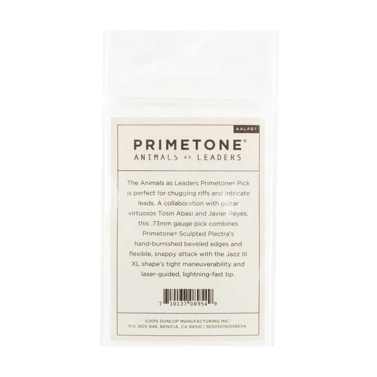 Set of three Jim Dunlop Animal As Leaders Primetone guitar picks, 0.73mm thickness, displayed in a plastic bag.