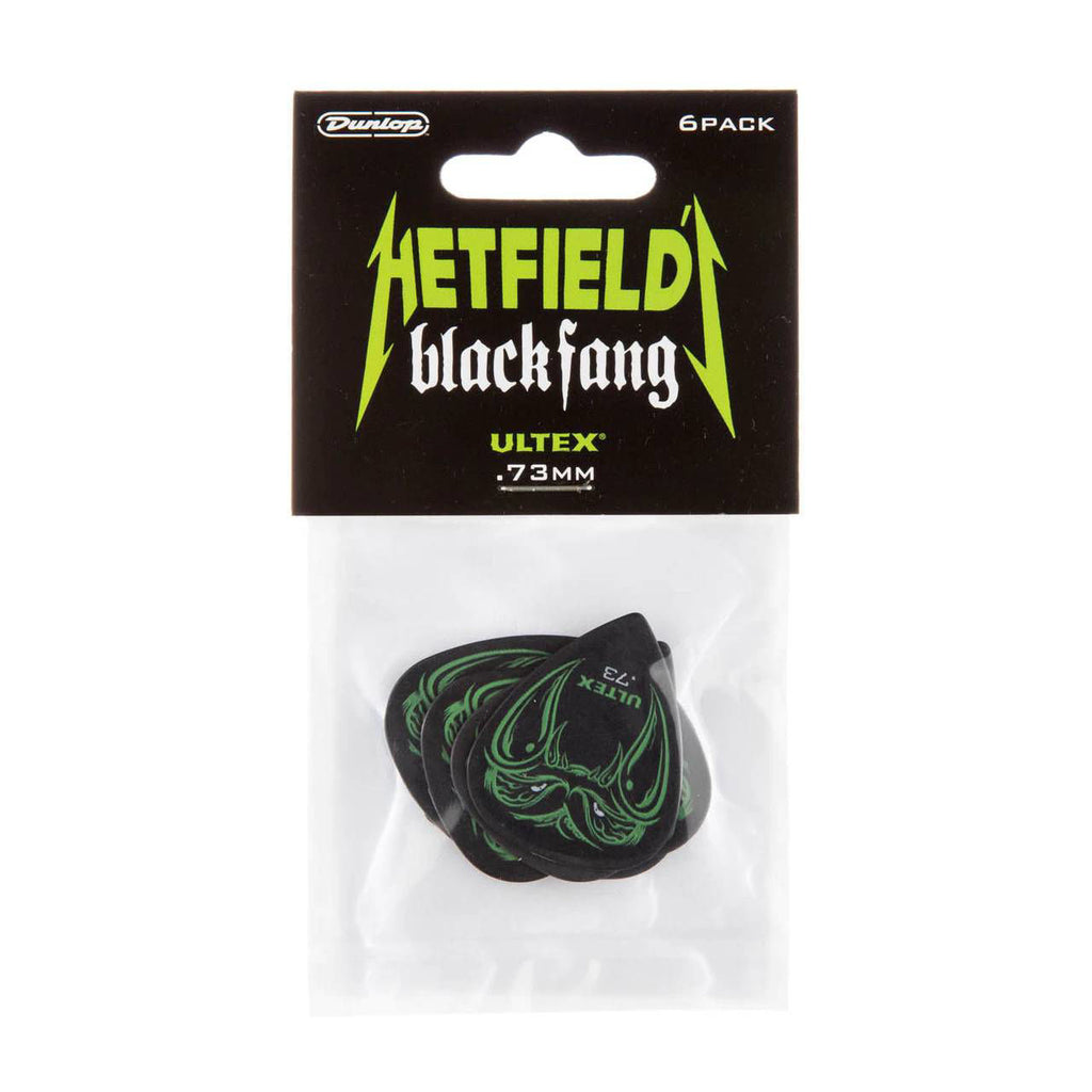 Jim Dunlop James Hetfield Black Fang .73mm guitar pick pack with six black picks, featuring James Hetfield branding and textured surface.