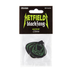 Jim Dunlop James Hetfield Black Fang .73mm guitar pick pack with six black picks, featuring James Hetfield branding and textured surface.
