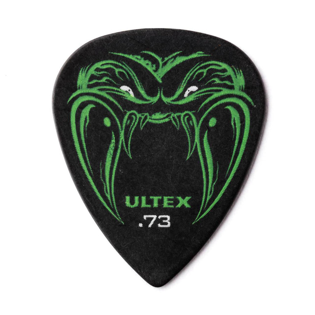Six Jim Dunlop James Hetfield Black Fang guitar picks, .73mm thickness, in a player pack, featuring distinctive black fang design.