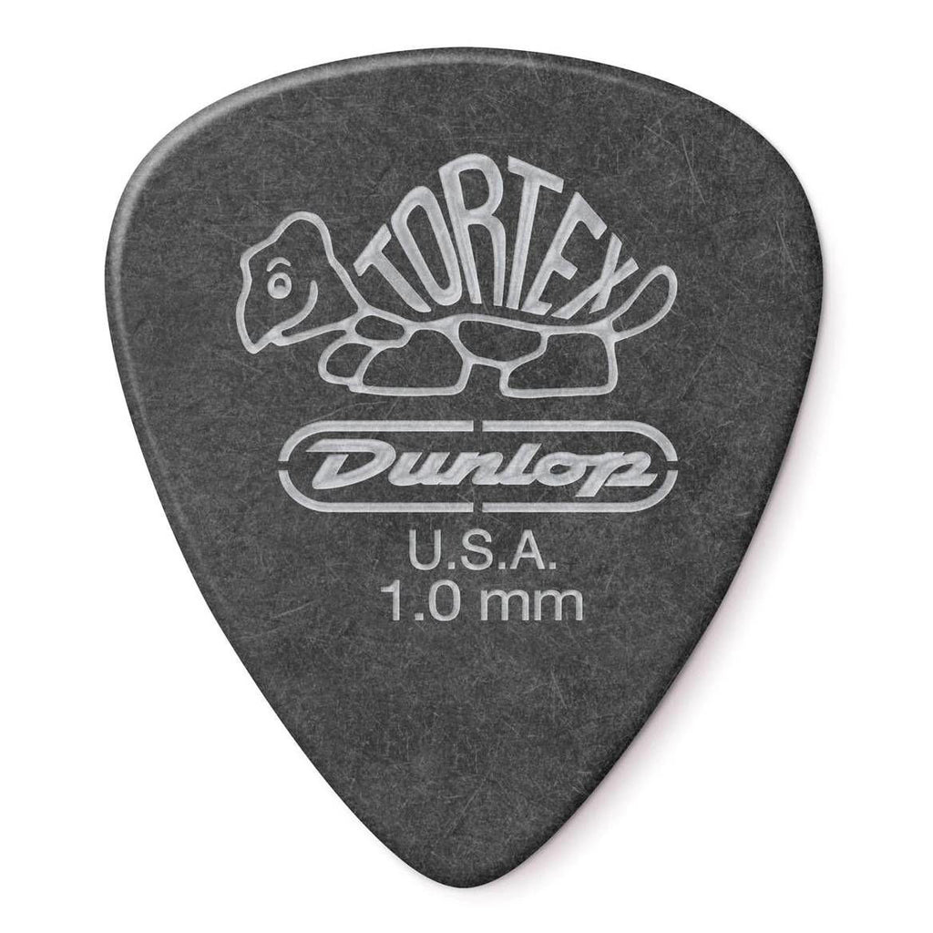 Set of 12 Jim Dunlop Tortex Pitch Black guitar picks, 1.0 mm thickness, ideal for playing or practicing on electric or acoustic guitars.