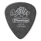 Set of 12 Jim Dunlop Tortex Pitch Black guitar picks, 1.0 mm thickness, ideal for playing or practicing on electric or acoustic guitars.