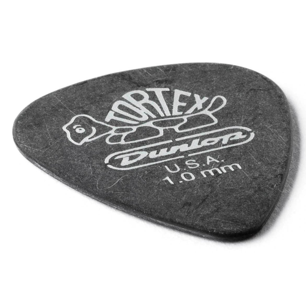 Set of 12 Jim Dunlop Tortex Pitch Black 1.0 mm guitar picks, featuring durable plastic construction for smooth playing.