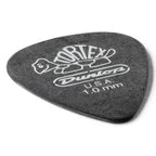 Set of 12 Jim Dunlop Tortex Pitch Black 1.0 mm guitar picks, featuring durable plastic construction for smooth playing.