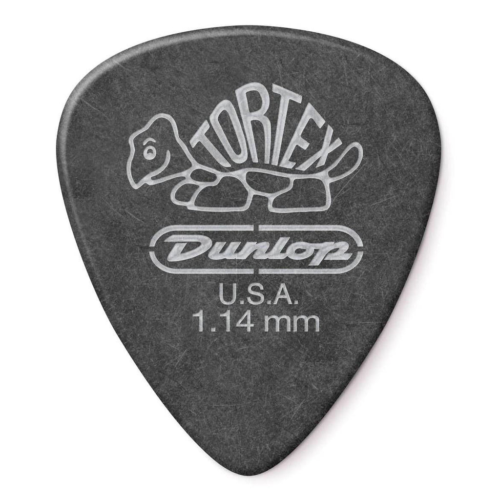 Jim Dunlop Tortex Pitch Black guitar pick player pack with multiple 1.14mm picks on a white background