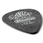 Jim Dunlop Tortex Pitch Black guitar pick pack with three 1.14mm picks, featuring the Dunlop logo and textured surface for grip.