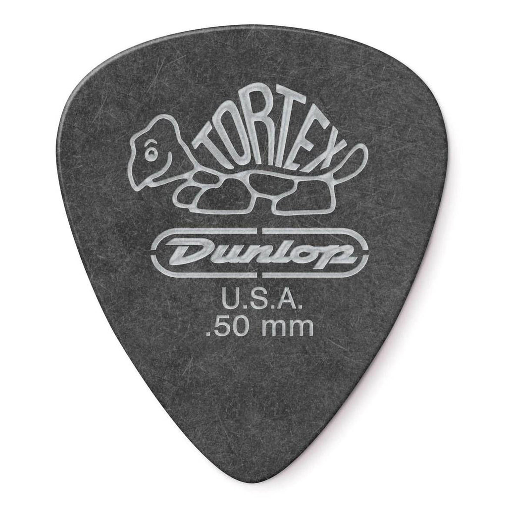 Jim Dunlop Tortex Pitch Black guitar picks, .50 mm thickness, 12-pack, featuring the iconic Dunlop logo on each pick.