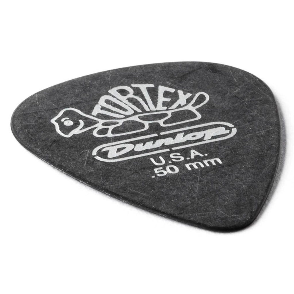 Set of 12 Jim Dunlop Tortex Pitch Black guitar picks in .50 mm thickness, ideal for guitar players.