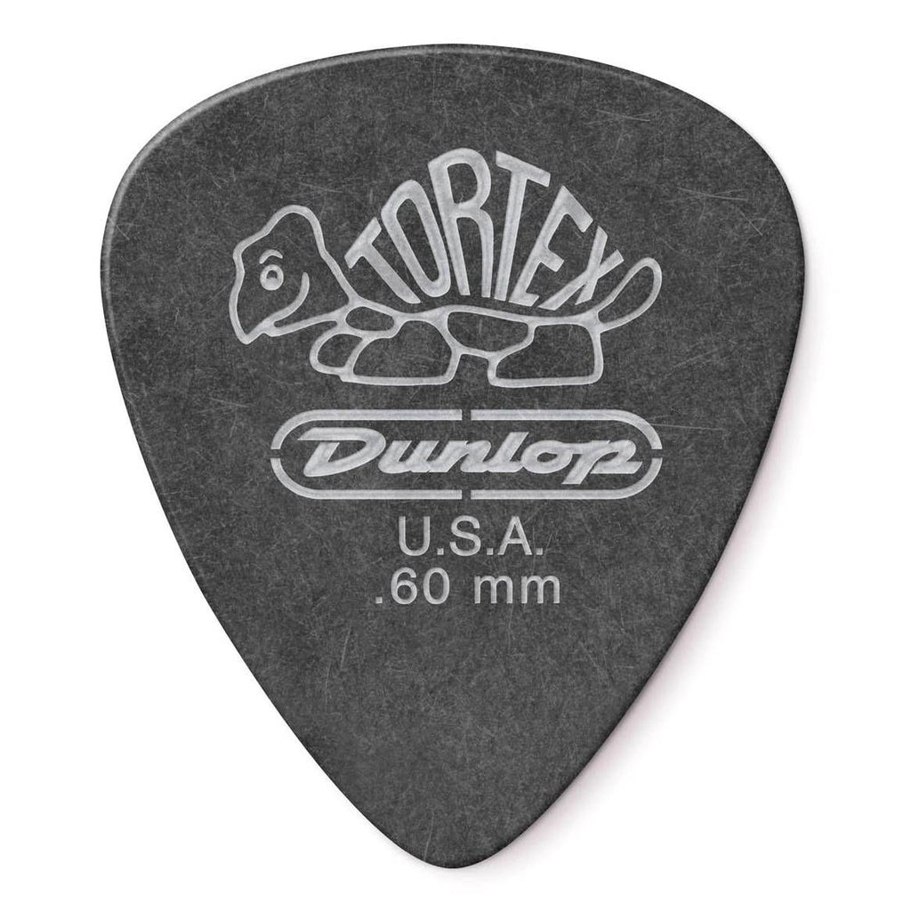 Set of 12 Jim Dunlop Tortex Pitch Black guitar picks, .60 mm thickness, suitable for versatile playing styles.
