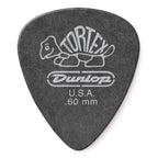 Set of 12 Jim Dunlop Tortex Pitch Black guitar picks, .60 mm thickness, suitable for versatile playing styles.