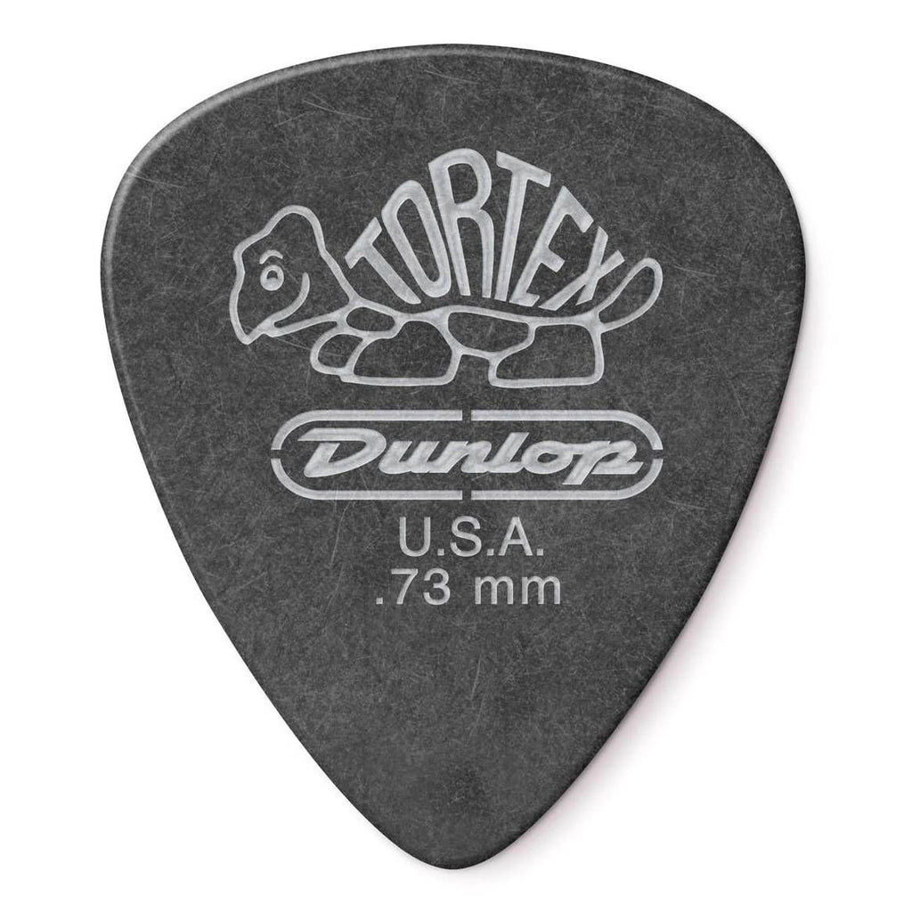Jim Dunlop .73 Tortex Pitch Black guitar picks in a pack, showing multiple durable Dunlop guitar picks for versatile playing.