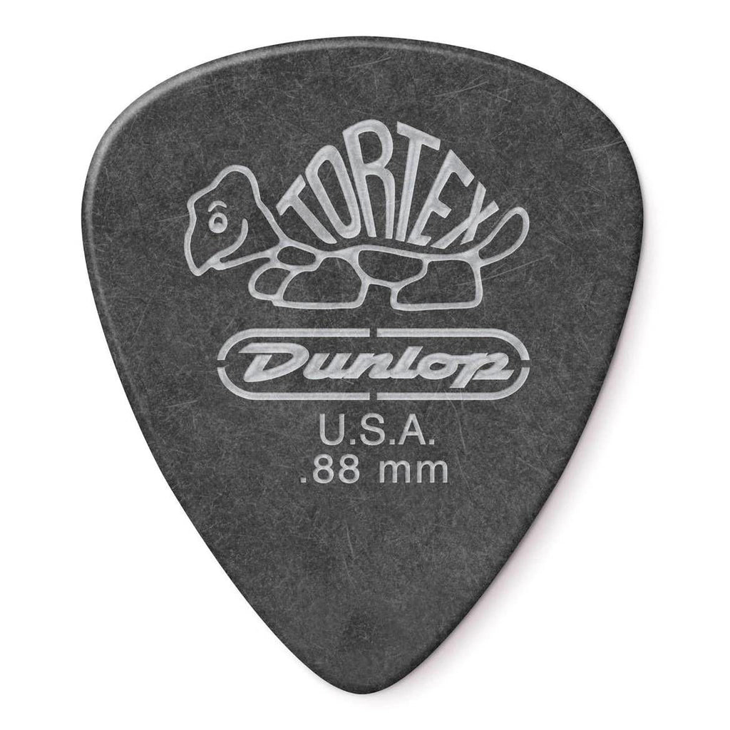Jim Dunlop Tortex .88 mm Pitch Black guitar picks, 12-pack, showing smooth black picks with textured surface for precise strumming.