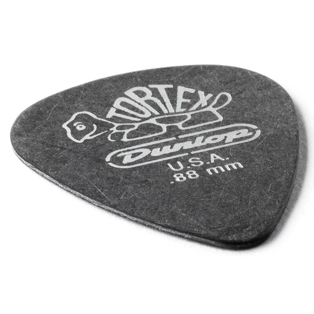 Set of 12 Jim Dunlop Tortex .88 mm Pitch Black guitar picks, featuring durable, lightweight plastic picks for acoustic and electric guitars.