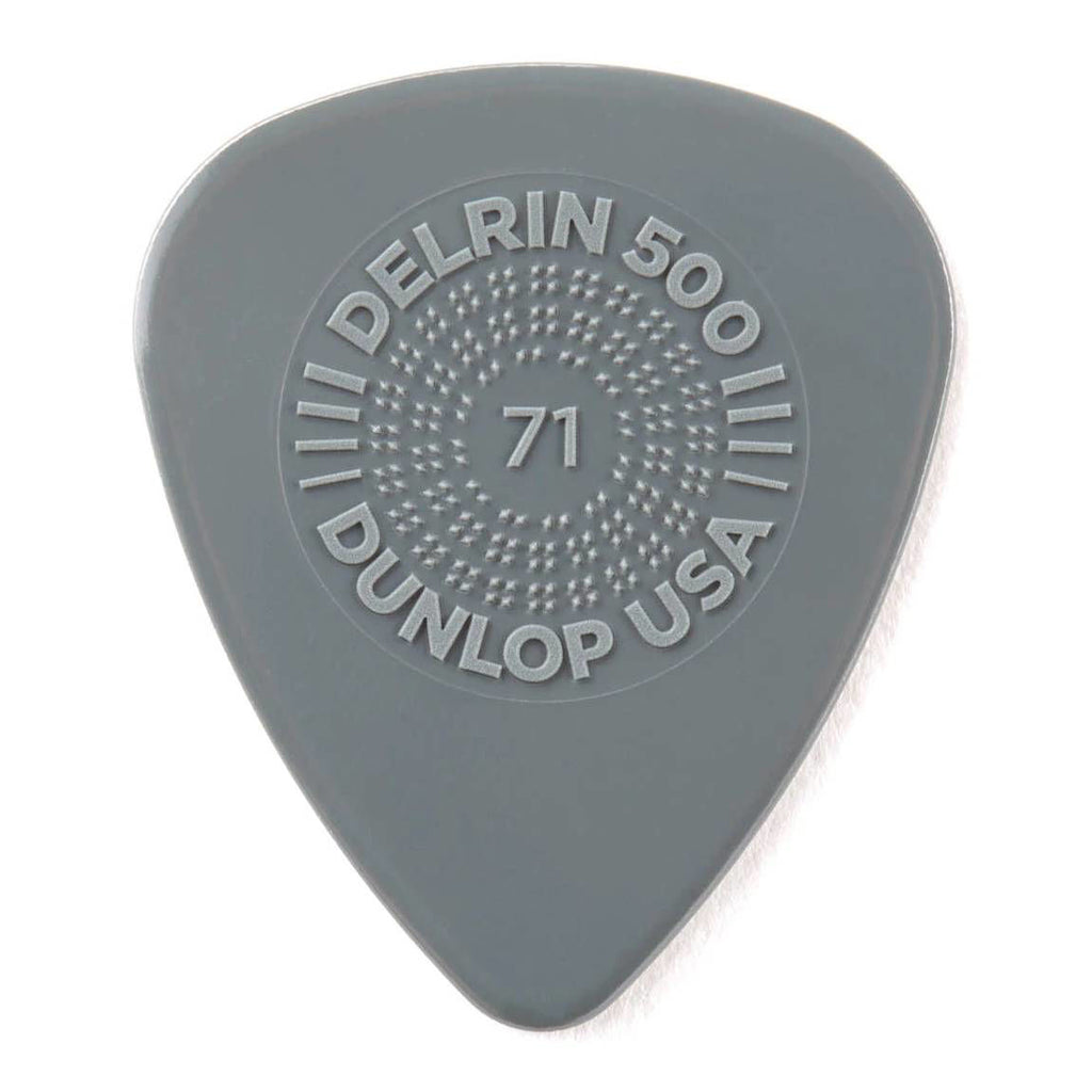Set of 12 Jim Dunlop Prime Grip Delrin 500 .71 guitar picks, featuring textured grip for comfortable playing.