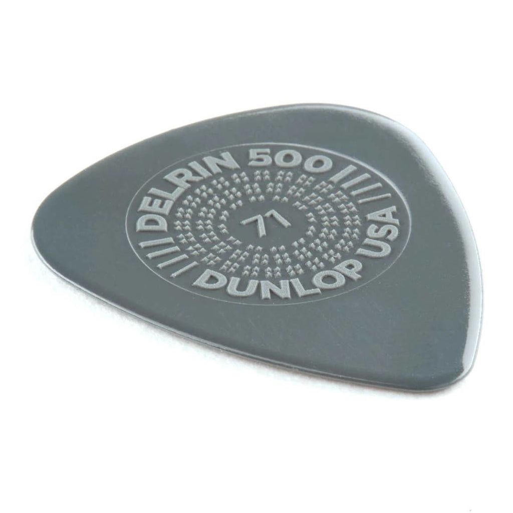 Set of 12 Jim Dunlop Prime Grip Delrin 500 .71 guitar picks, featuring durable design and comfortable grip for guitar playing.