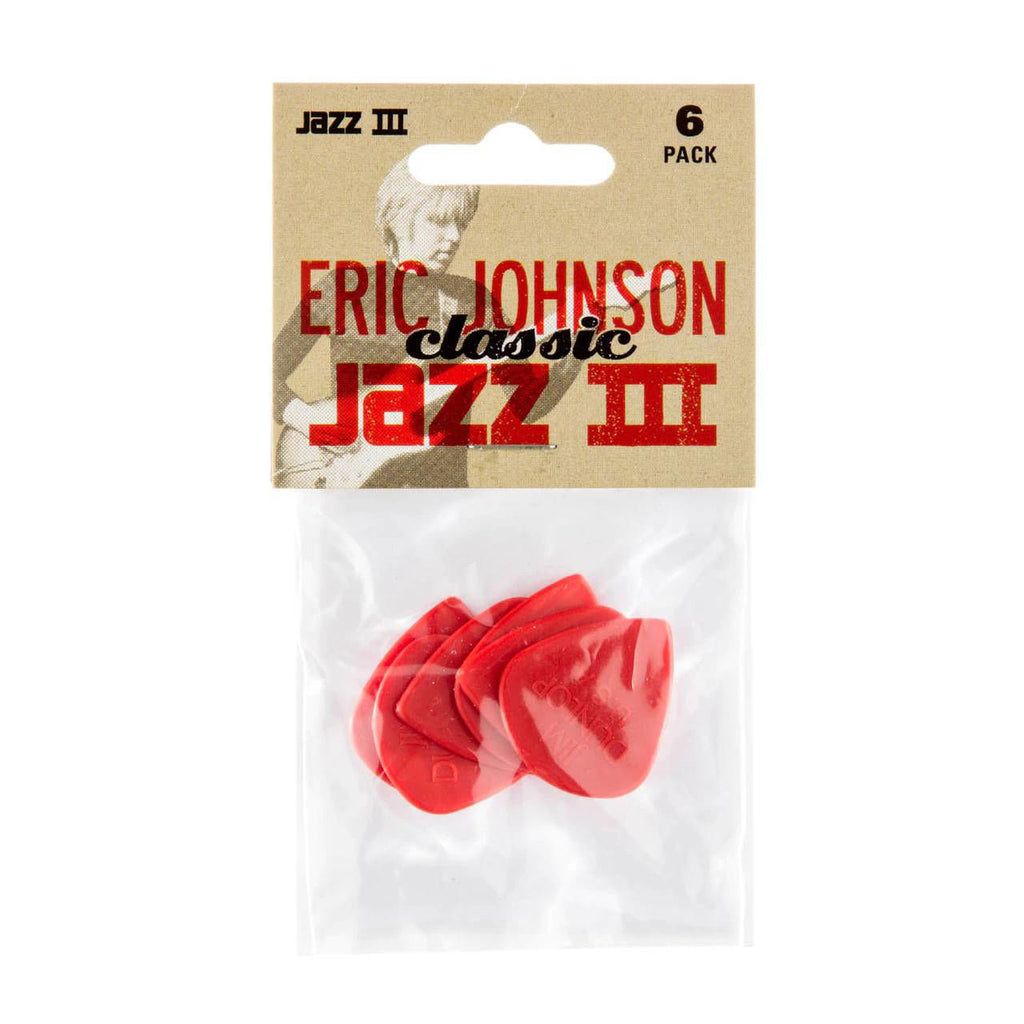 Jim Dunlop Eric Johnson Nylon Jazz III guitar pick pack showing six 1.38mm picks in a display bag.