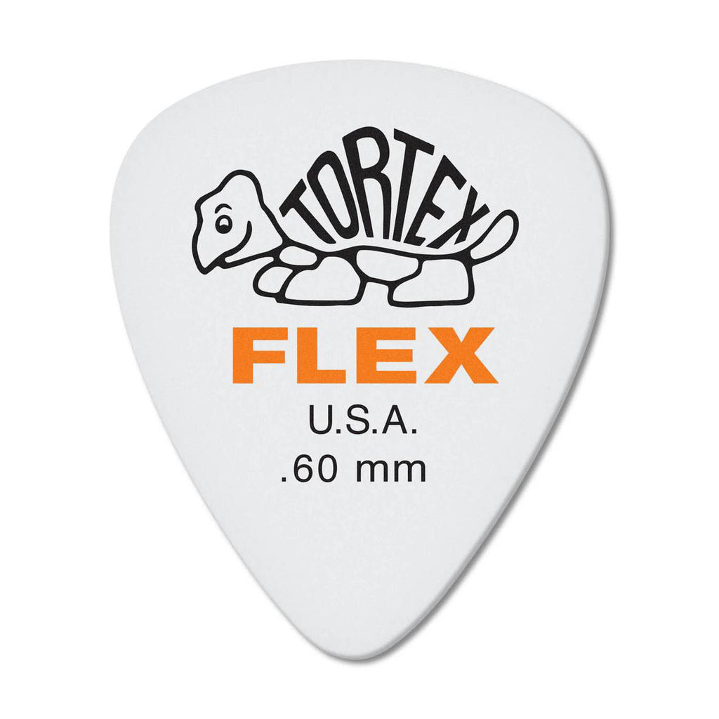 Jim Dunlop Tortex Flex 60mm guitar picks, 12-pack, with a translucent orange design, ideal for versatile playing styles.