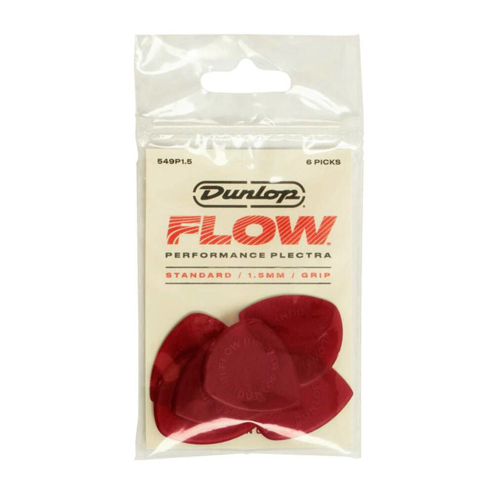 Six Jim Dunlop Flow Standard 1.5mm guitar picks in a pack, showing textured surface and brand logo on each pick.