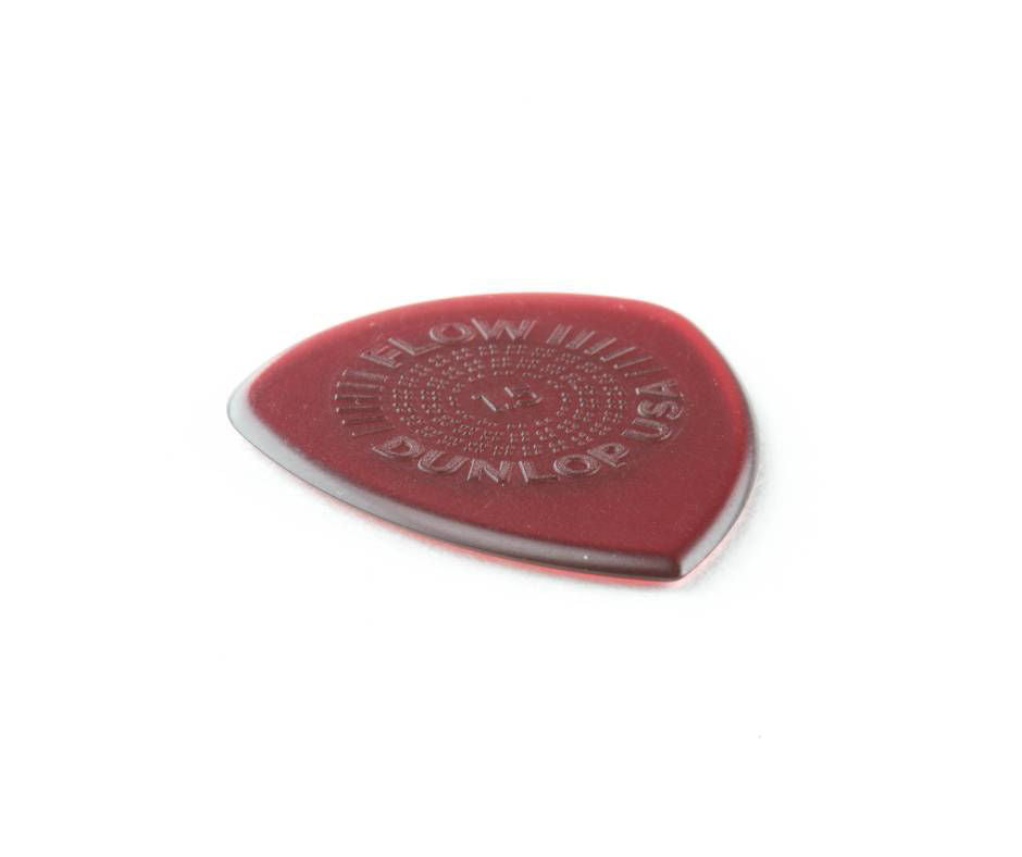 Six Jim Dunlop Flow Standard 1.5mm guitar picks in a pack, showing the bright orange Dunlop logo and textured grip surface.