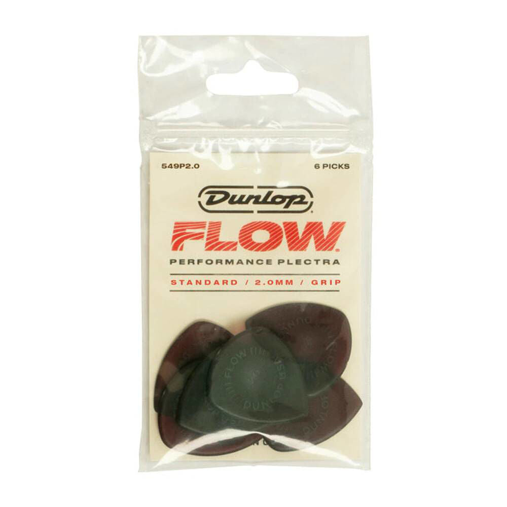 Six Jim Dunlop Flow Standard 2.0mm guitar picks in a pack, featuring black and white design and standard thickness for versatile playing.