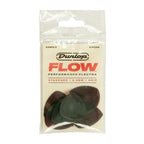 Six Jim Dunlop Flow Standard 2.0mm guitar picks in a pack, featuring black and white design and standard thickness for versatile playing.