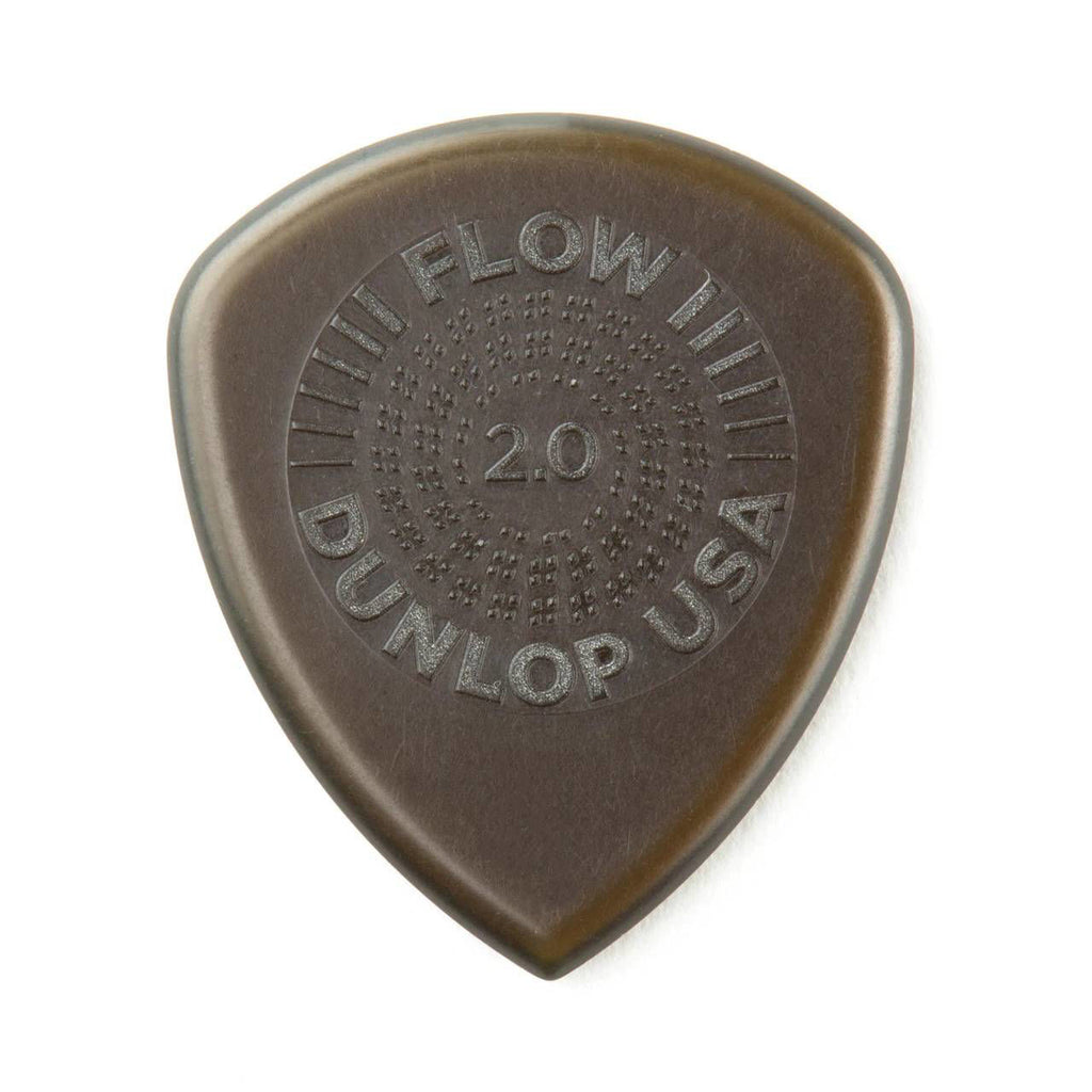 Set of six Jim Dunlop Flow Standard 2.0mm guitar picks in a pack, featuring black and white designs, for versatile playing.